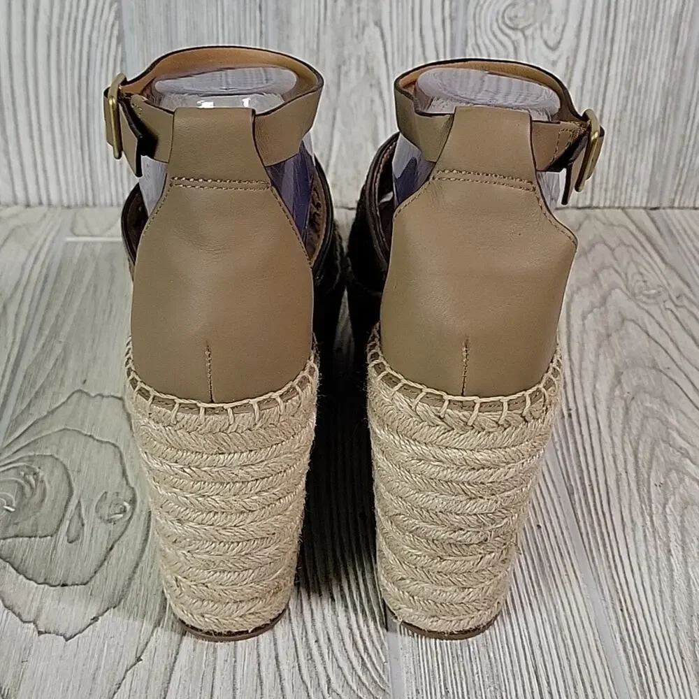Tory Burch Basketweave Espadrille Wedge Leather Sandals Womens 10.5 NEW